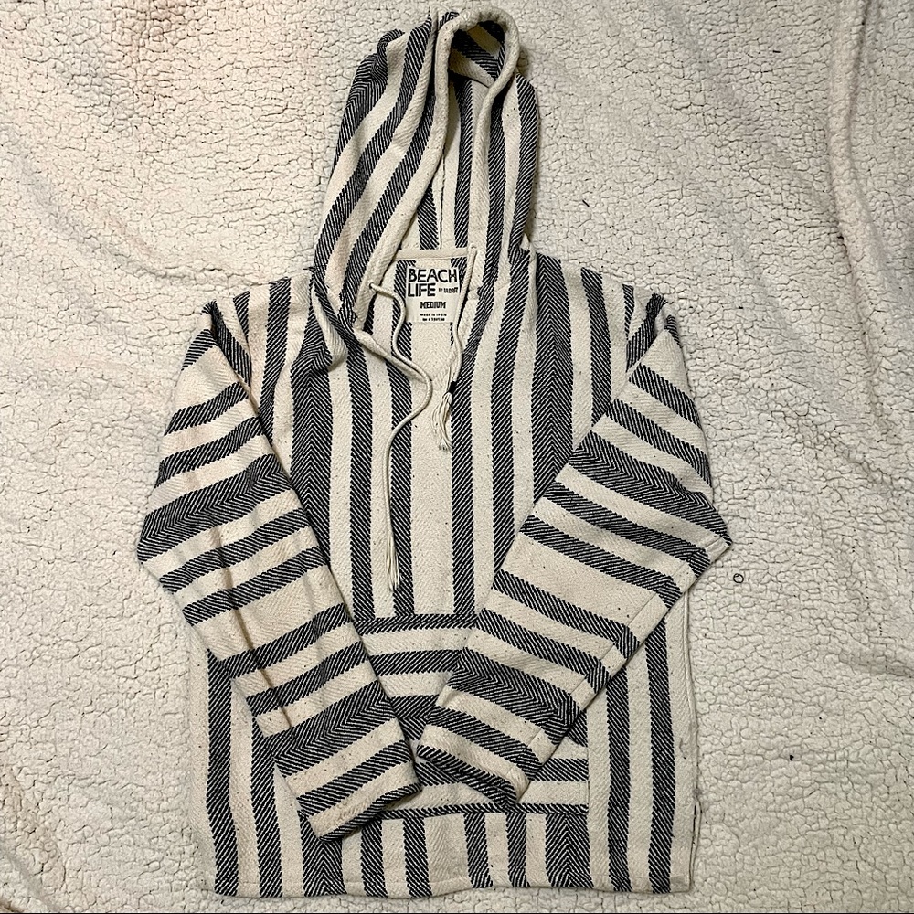 Cream Medium Beach Life Poncho w/ Black Stripes & Kangaroo Pocket